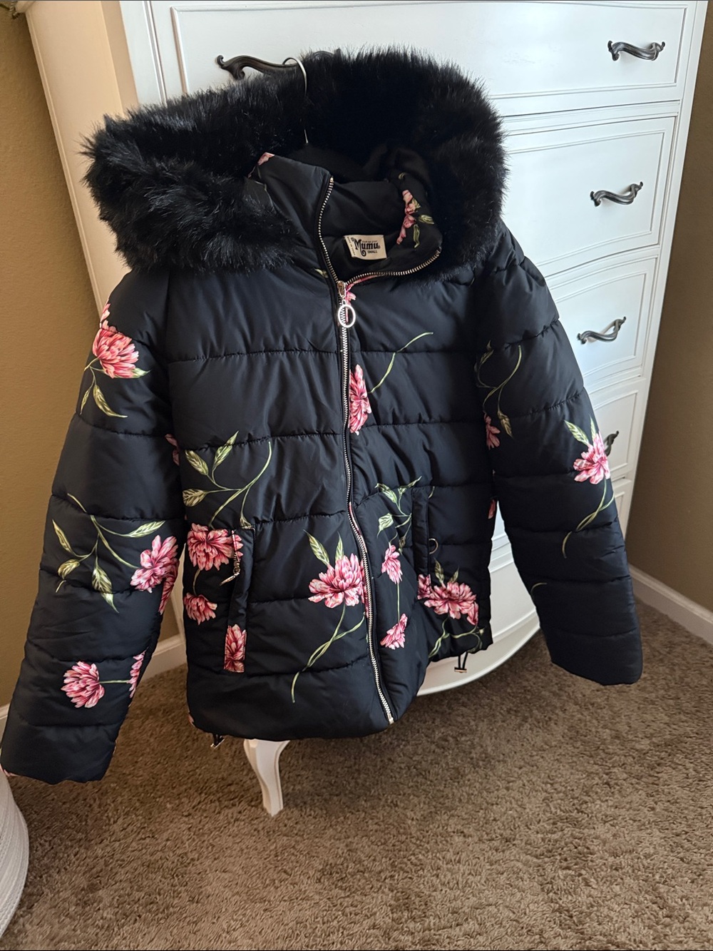 SMYM Floral Puffer Jacket with Faux Fur Hood - Black/Pink